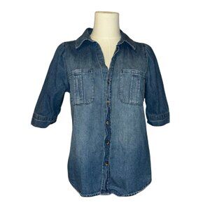 100% Cotton Democracy Medium Wash Denim Puff Sleeve Button Up Top Sz S